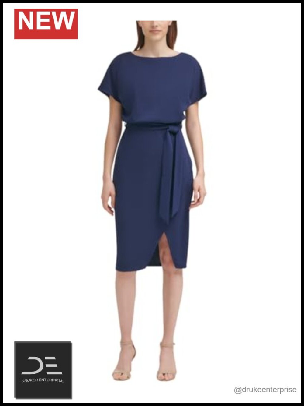 Short Sleeve Tie Waist Midi Dress Crepe Scuba Faux Wrap